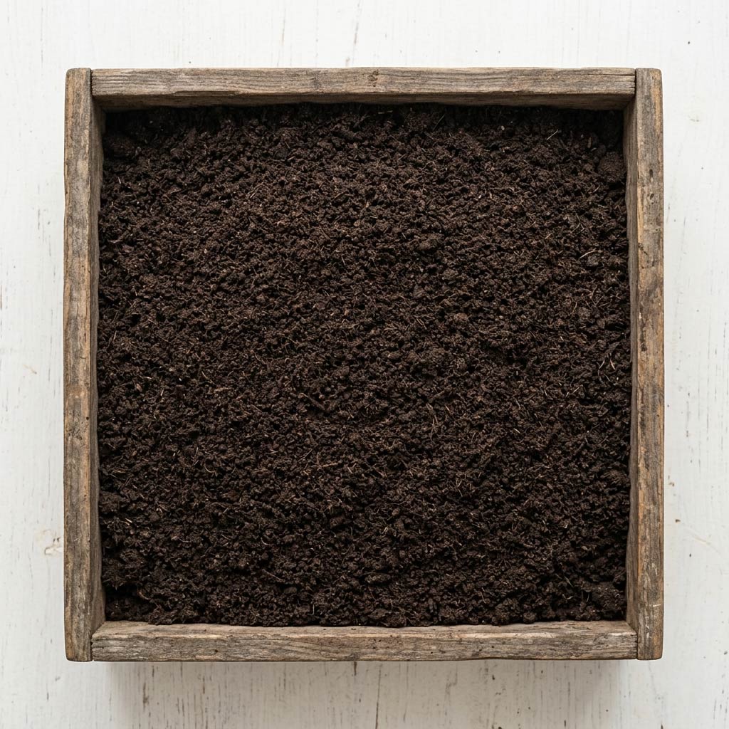 Sample of premium peat free organic multipurpose compost in a wooden tray - rich, dark, PAS100 certified